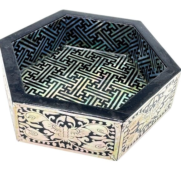 Hexagonal Black & Abalone Inlay Trinket Bowl Intricate Design 4" - Picture 1 of 6
